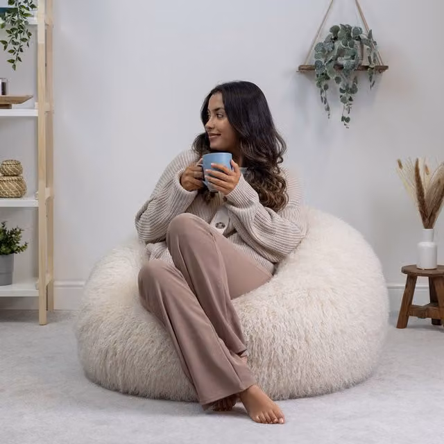 ICON Classic Faux Fur Bean Bag in Beige and White, OEKO-TEX Certified