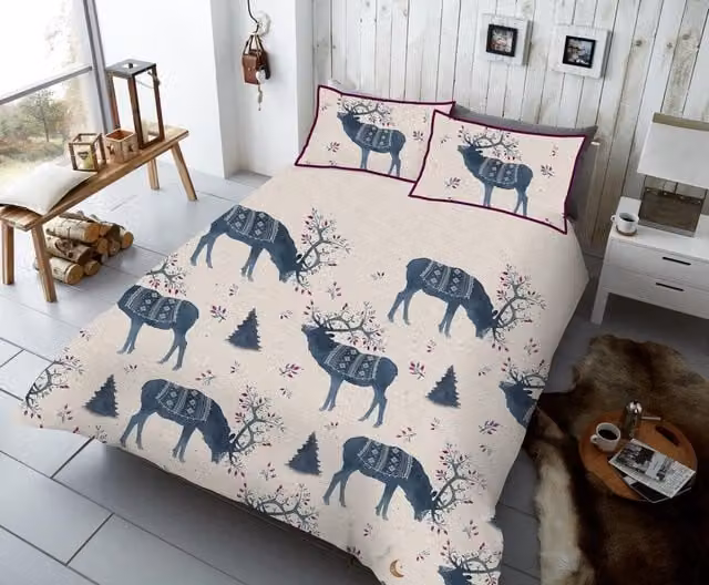 Smart Living Christmas Printed Polycotton Duvet Cover and Pillowcases in Blue, W/D/H: 200 x 200 cm with Pillowcases 50 x 75 cm