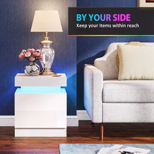 HOMCOM Set of 2 Modern High Gloss White Bedside Tables with Integrated LED Lighting – 4