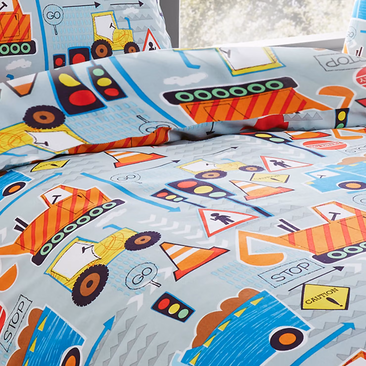 Happy Linen Company Kids Big Digger Construction Trucks Reversible Duvet Cover Bedding Set, Grey and Multicolour, W/D/H: 90 x 200 cm – 3