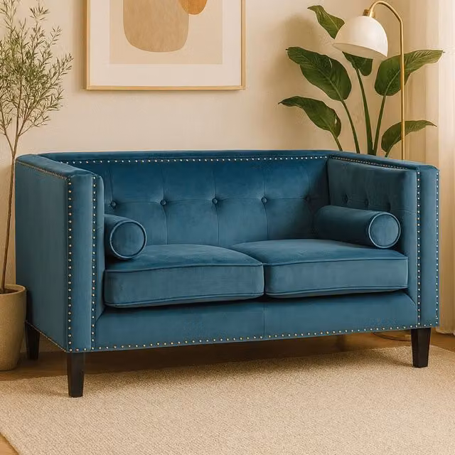 Interiors by Premier Felisa Two Seat Blue Velvet Sofa with Scatter Cushions – 2