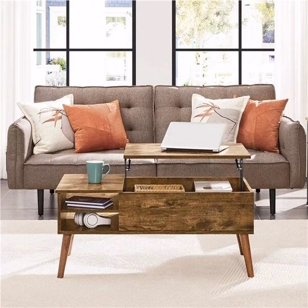 KORVIXA Brown Rustic Lift-Top Coffee Table with Storage Space and Adjustable Shelf, W/D/H: 120 x 60 x 45 cm – 2