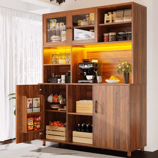 Aosom UK Walnut Brown Tall Cabinet with Silent Sliding Toughened Glass Doors and LED Lighting, W: 40 cm, D: 140 cm, H: 185 cm