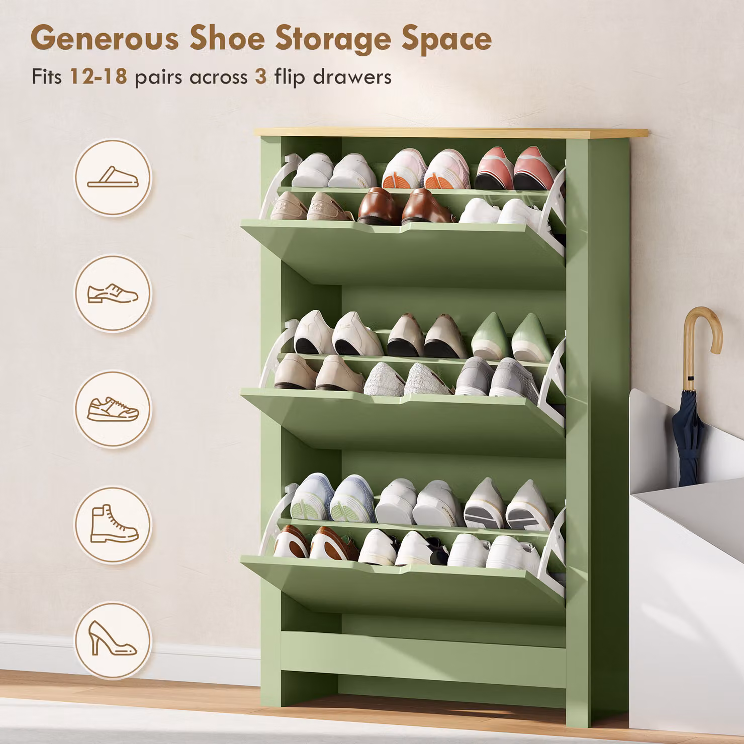 HOMCOM Slim Green High Gloss Shoe Cabinet with 3 Tilting Drawers and Adjustable Shelves for 18 Pairs of Shoes – 3