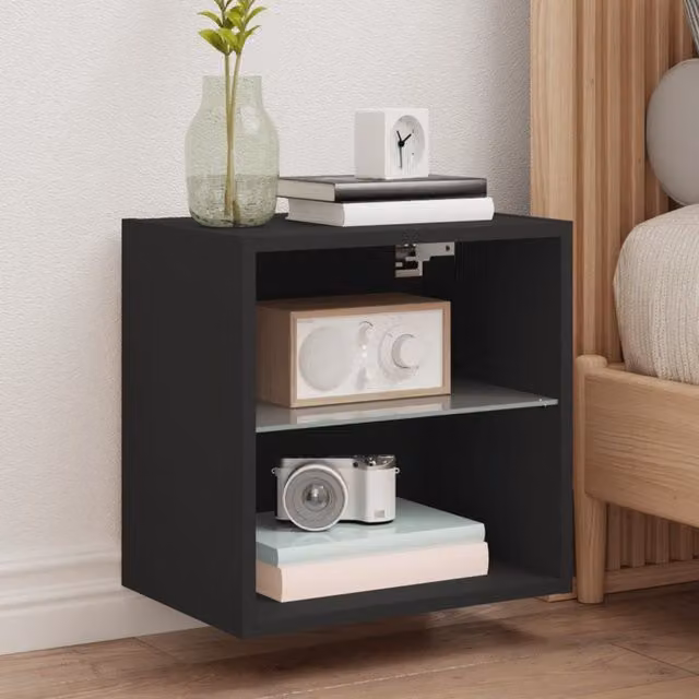 Berkfield Home Wall-mounted Black Bedside Cabinet with Integrated LED Lights – 1