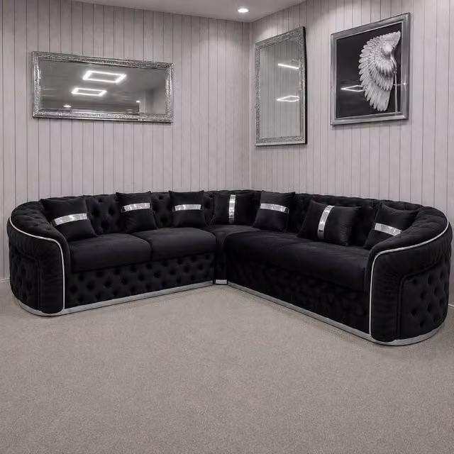 Stratus Interiors Ambassador Chesterfield Velvet Sofa with Silver Trim and Frill in Black