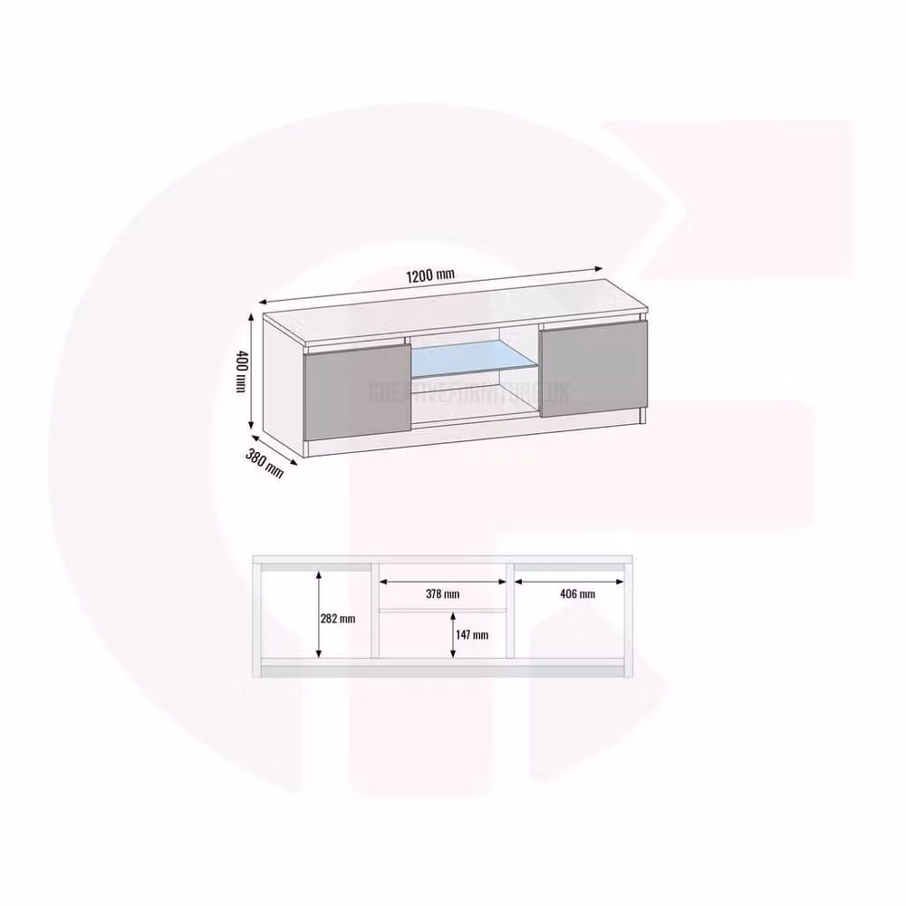 Mex Furniture LTD Aura TV Unit in White and Grey Gloss with LED Lights, W: 120 cm, D: 38 cm, H: 40 cm – 4