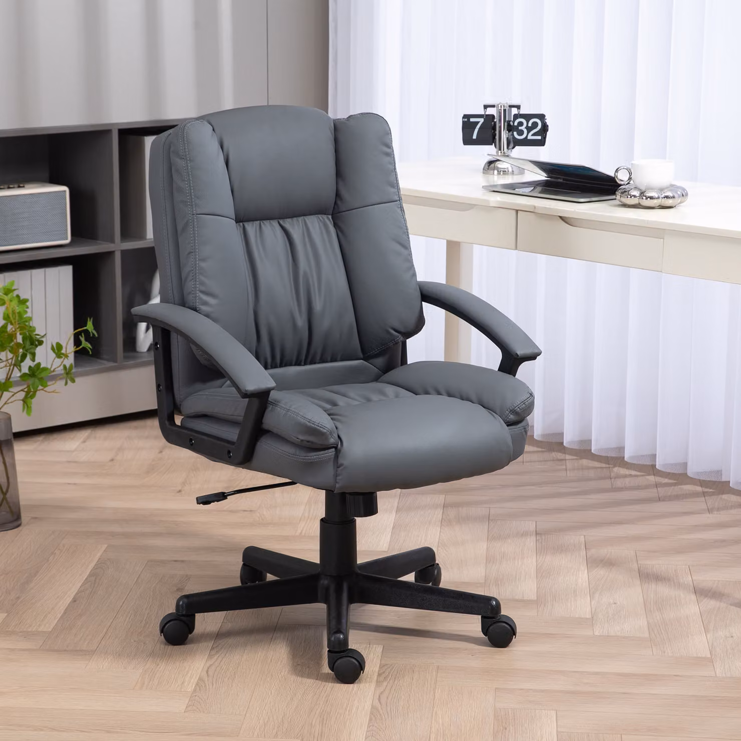 Vinsetto Modern Grey PU Leather Executive Office Chair with Armrests and 360 Degree Swivel – 2