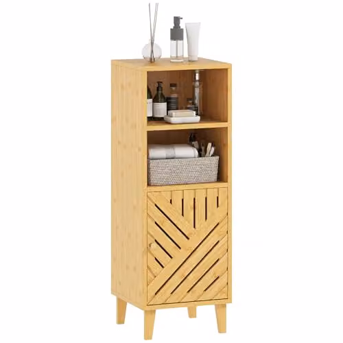 HOMCOM Slim Bathroom Cabinet in Brown Bamboo with Hinged Doors and Open Shelf, W/D/H: 32 x 30 x 90 cm
