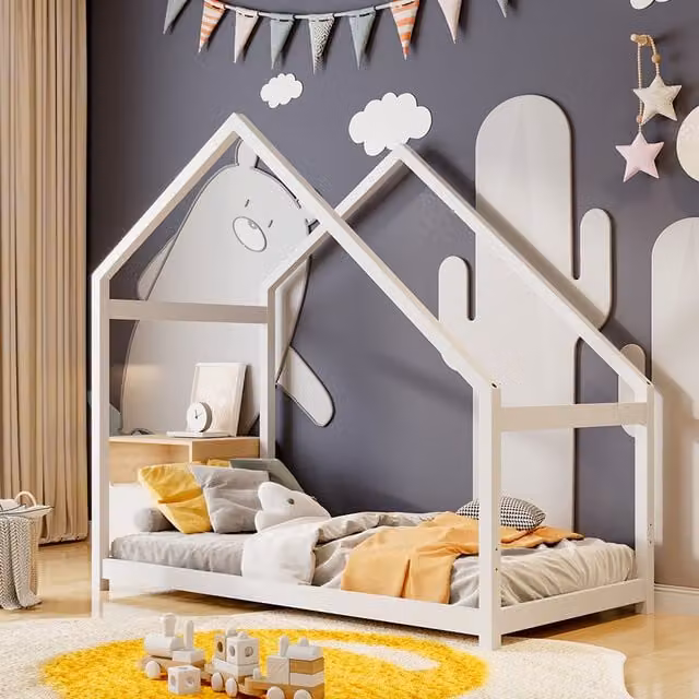 Livingandhome White Solid Pine Wood House Frame Kids Toddler Bed