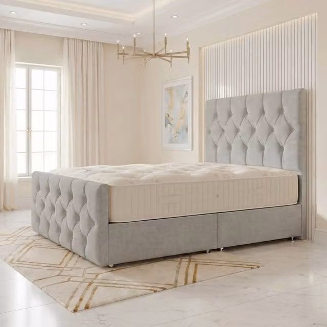 Somnior Ziggy Linen Divan Bed with Spring Mattress and Headboard and Footboard in Grey, W/D/H: 90 x 190 x 28 cm