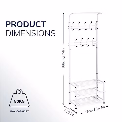House of Home White Metal Hallway Coat Stand with Bench and 18 Hooks – 3