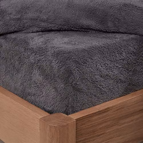 Brentfords Teddy Fleece Thermal Fitted Sheet, Grey, W/D/H: 180 x 200 cm – 1