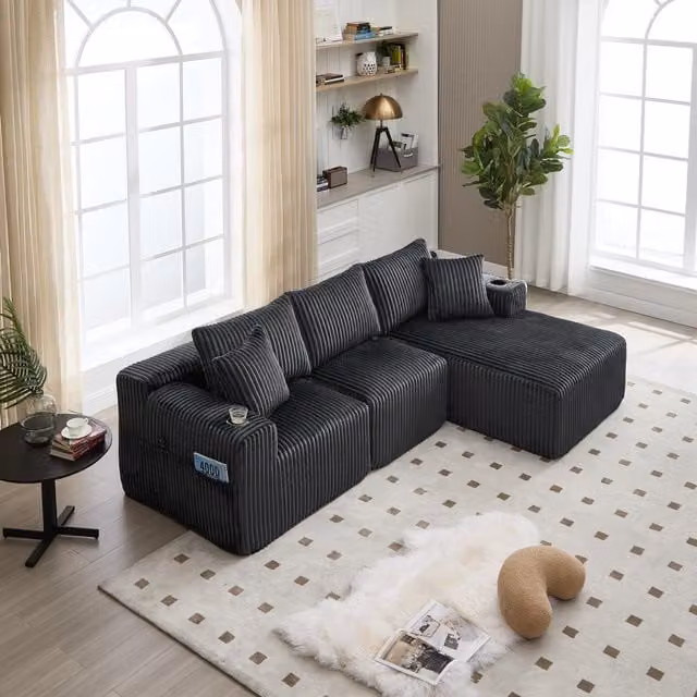 Aosom UK Modular L-Shaped Sectional Sofa in Grey Corduroy with Deep Seats and Reversible Design, W/D/H: 257 x 160 x 80 cm – 1
