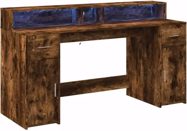 Berkfield Home Soft Gaming Desk with LED Lights in Smoked Oak Brown, W/D/H: 160 x 55 x 91 cm