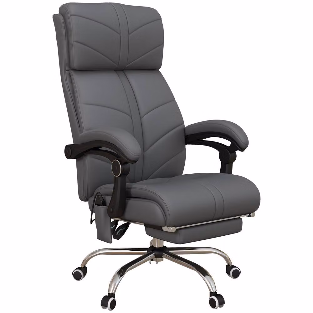 Rolipo Heated Massage Reclining PU Leather Office Chair with Footrest and Headrest in Grey – 2
