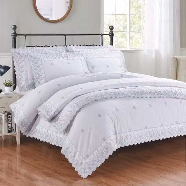 Rapport Home Gabrielle Floral Polycotton Duvet Cover and Pillowcase Set in Silver and White, W: 200 cm x L: 200 cm