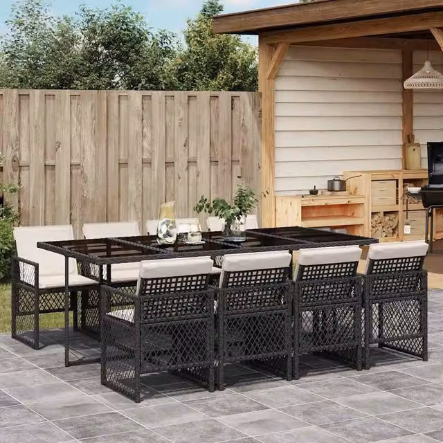 Berkfield Home 9 Piece Black Poly Rattan Garden Dining Set with Cushions and Glass Tabletop – 1