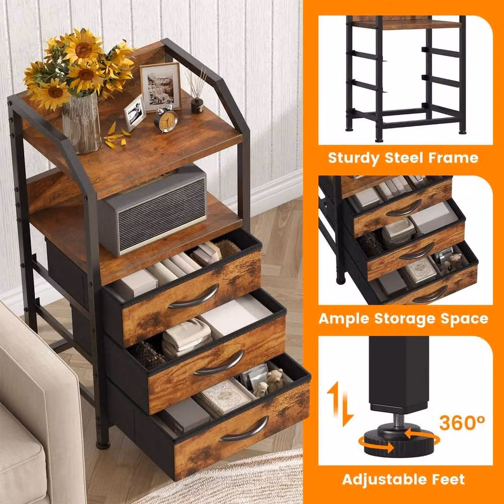 FORGEVIO Rustic Brown Bedside Table with 3 Fabric Drawers, W/D/H: 40 x 35 x 75 cm – 4