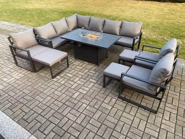 Fimous 11 Piece Aluminium Garden Furniture Set with Corner Sofa, Gas Fire Pit Dining Table, 3 Chairs and 3 Footstools in Dark Grey