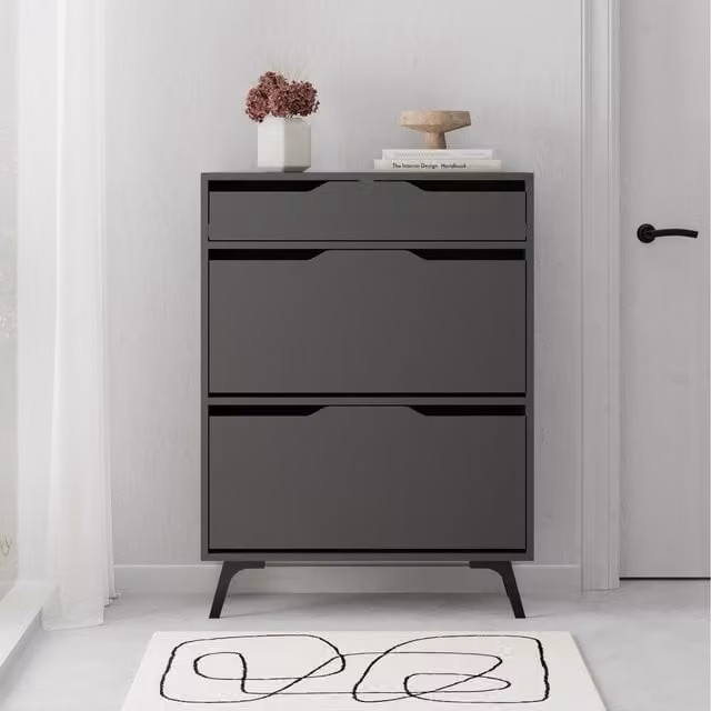 Decortie Asta Modern Shoe Cabinet with Drawer and Tilting Doors in Anthracite Grey, W: 110 cm, H: 81.6 cm, D: 18 cm – 1