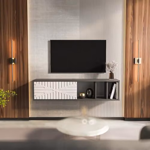 DECOROTIKA Teo Floating TV Stand with Sliding Doors and Open Shelves, Anthracite and White, W: 140 cm, D: 29.5 cm, H: 29.5 cm