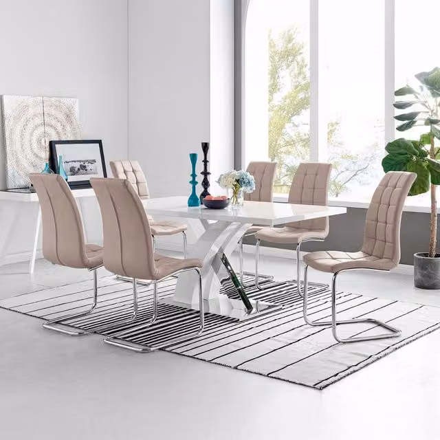 FurnitureboxUK Atlanta Rectangle Chrome Metal High Gloss White Dining Table and 6 Murano Chairs in Cappuccino