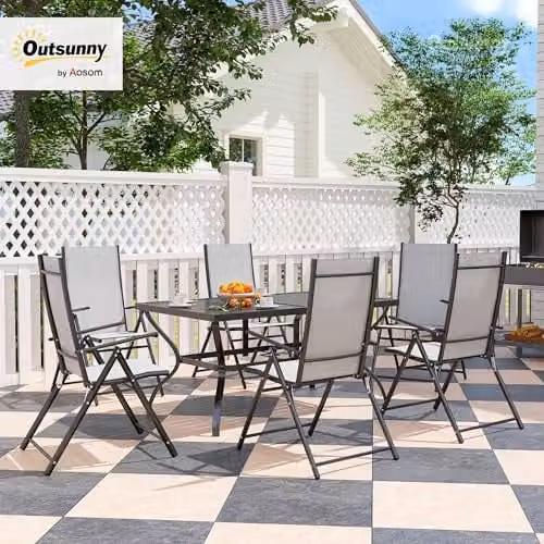 Outsunny 7 Piece Grey Garden Dining Set with Metal Top Table and Armchairs – 2