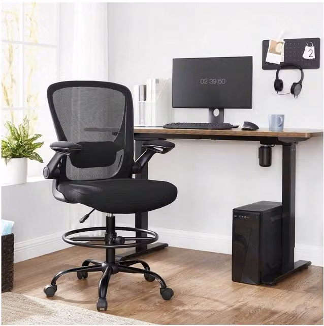 SONGMICS Set of 2 Ergonomic Black Fabric Drafting Chairs with Adjustable Armrests and Foot Ring