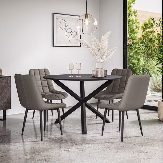 More4Homes Malvern Round Black Dining Table Set with 4 Grey Nova Faux Leather Chairs and Black Oak Legs