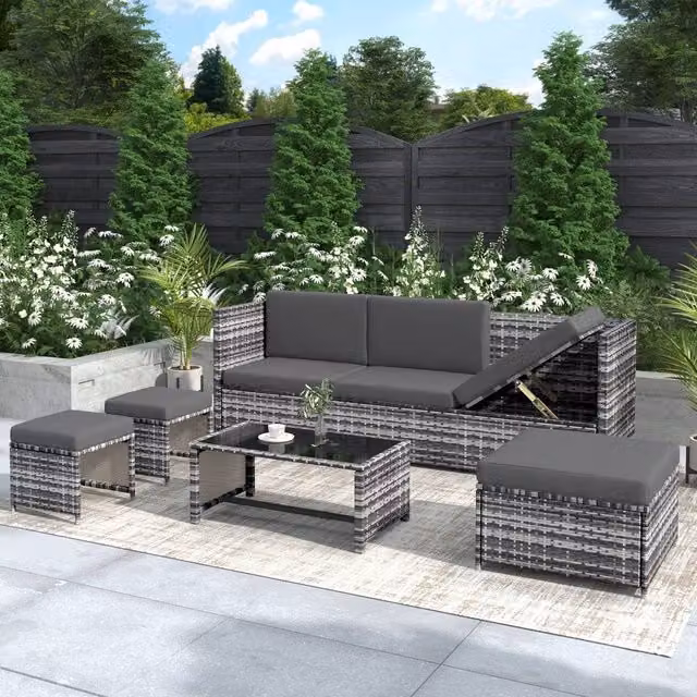 SONARA L-Shape Grey Polyrattan Garden Furniture Set with Coffee Table and Ottoman – 2