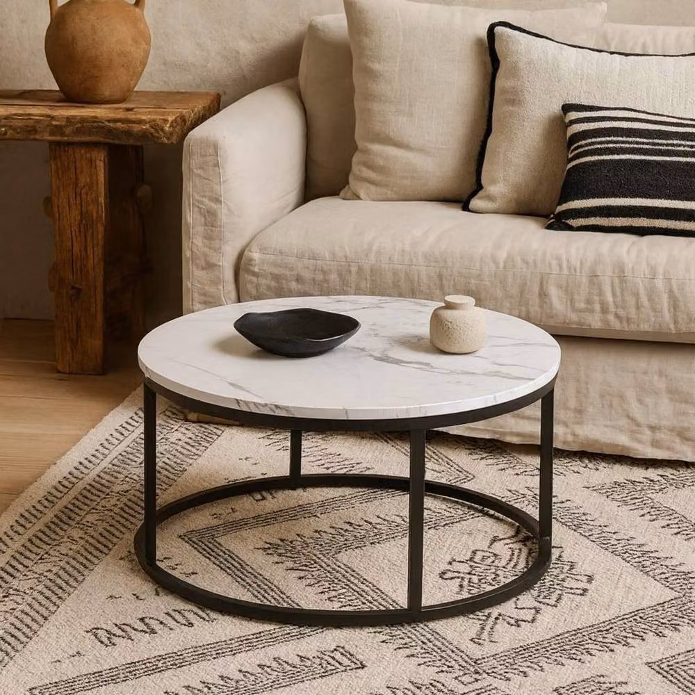 Wyld Haus Odense Round Coffee Table with White Marble Effect Top and Black Metal Legs – 2