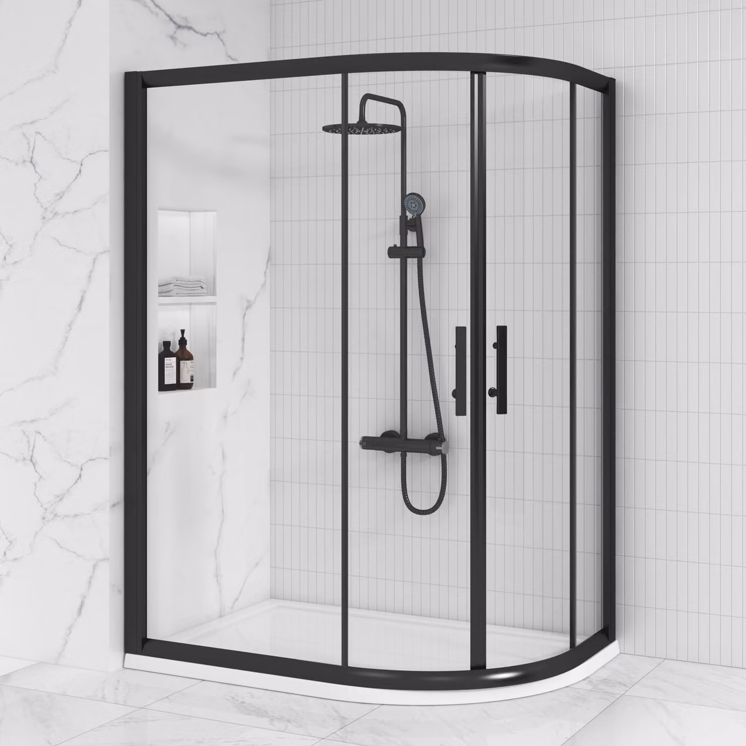 Royal Bathrooms Milan Matt Black Offset Quadrant Shower Enclosure with 6mm Reversible Sliding Glass, W: 120 cm, D: 80 cm