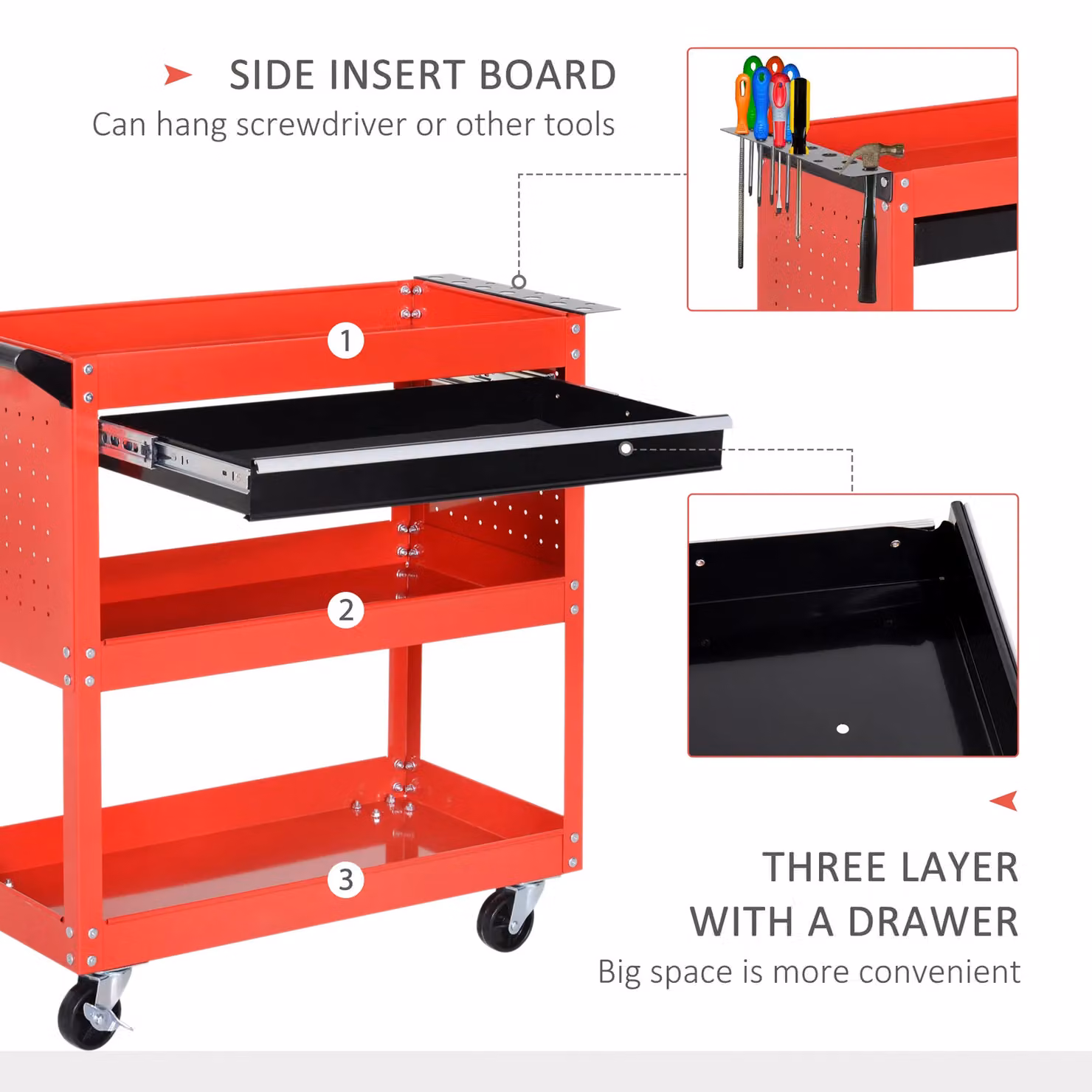 DURHAND 3-Tier Lockable Metal Tool Trolley Cart with Rollable Casters, Red – 5