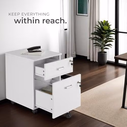 tectake Mobile Filing Cabinet with 2 Lockable Drawers and 360 Degree Castors, White – 4