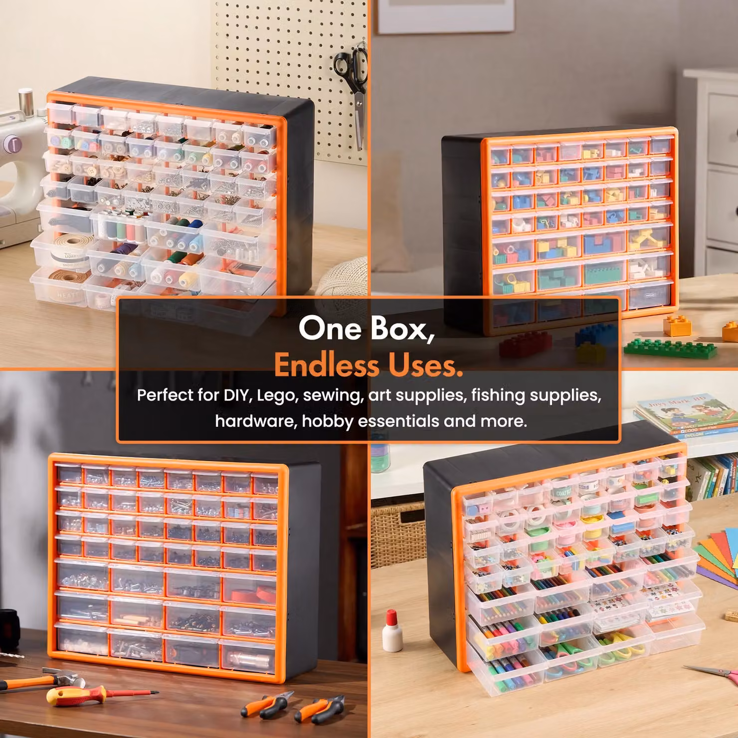 VonHaus 44 Drawer Multi Organiser for Small Parts in Orange and Transparent Plastic, Wall Mounted, W: 27.7 cm, D: 17.5 cm, H: 25.6 cm – 2