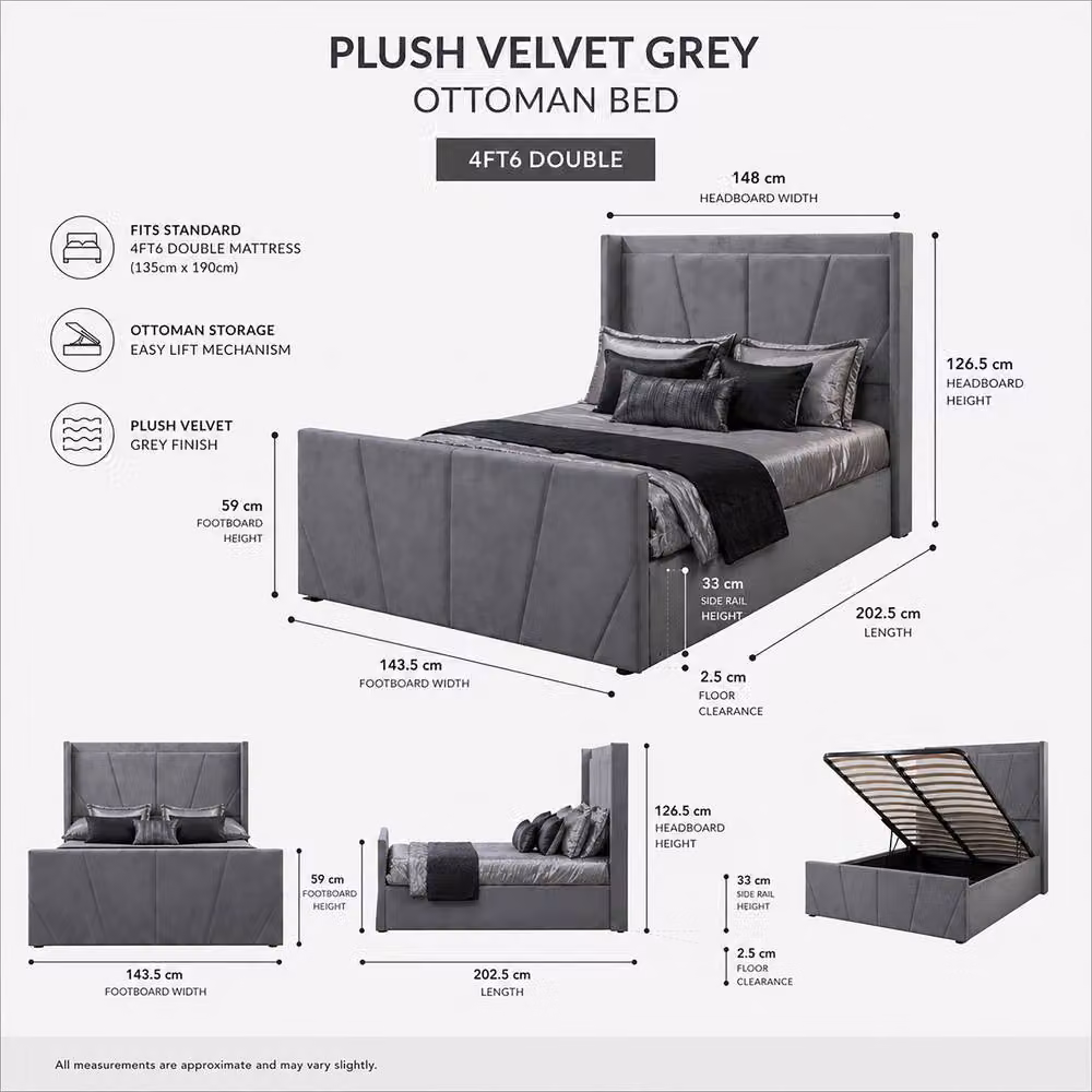 Harmin LUXURY Sunshine Winged Ottoman Bed in Grey Plush Velvet, EU Double, W/D/H: 140 x 200 x 126.5 cm – 2
