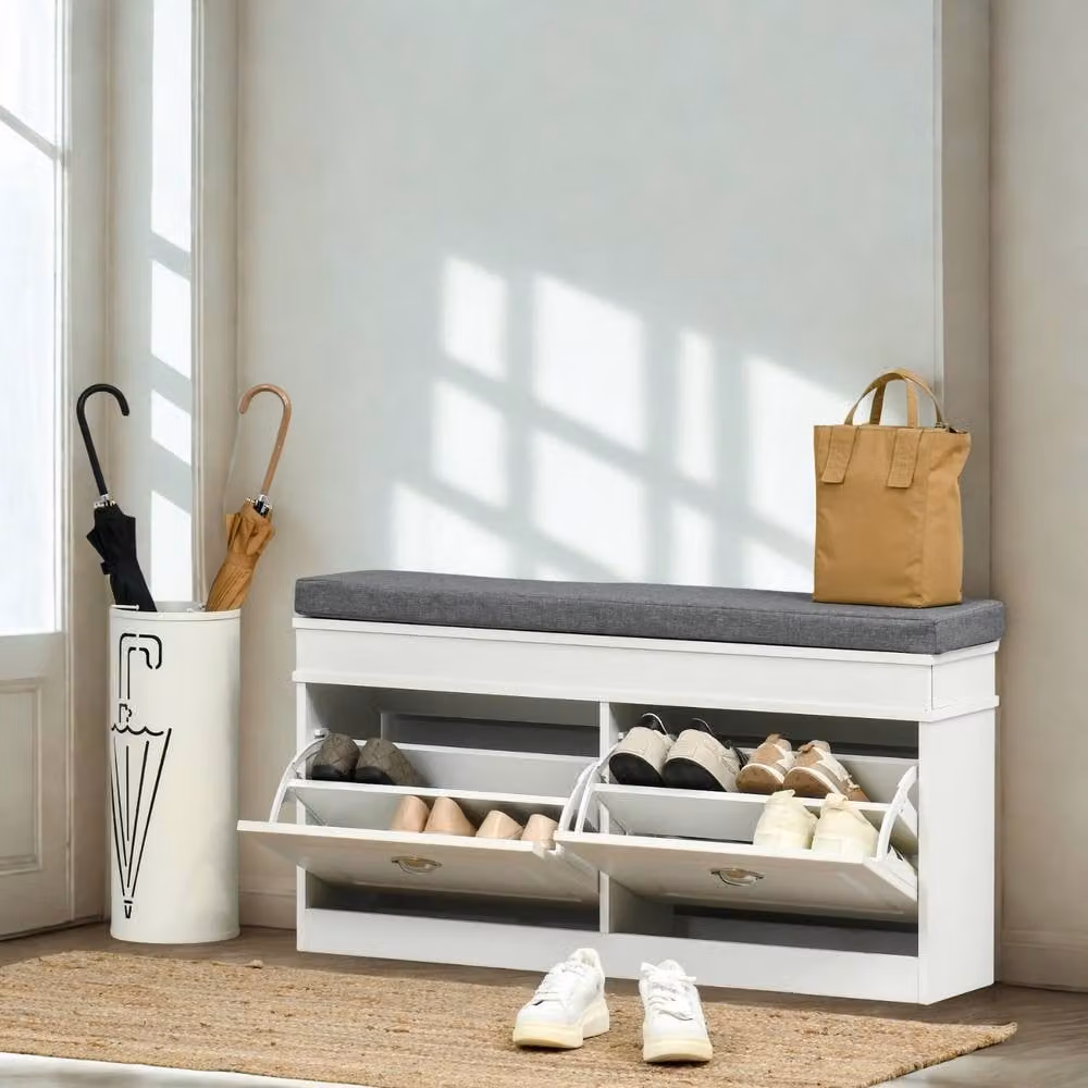 Pirlo Plush Modern Shoe Storage Bench with Cushioned Seat and Storage Drawers in White, W/D/H: 120 x 55 x 44 cm – 3