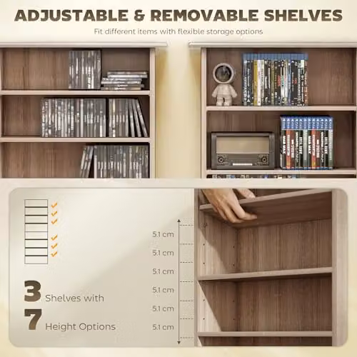 HOMCOM Media Storage Unit with 6 Adjustable Shelves in Brown Sand Wood Finish – 5