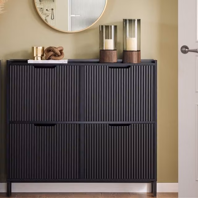 SoBuy Modern Narrow Shoe Cabinet with Tilting Compartments and Hinged Doors in Black Matt