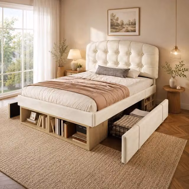 STILVORA Single Upholstered Bed Frame with Storage Drawers, Beige, W/D/H: 90 x 190 cm