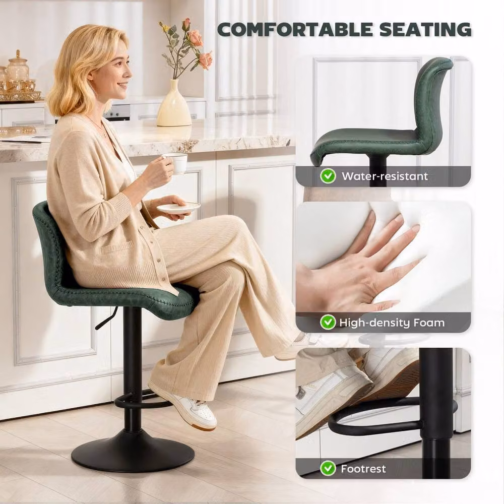Wyld Haus Set of 2 Green Faux Leather Swivel Bar Stools with Metal Footrest – 6