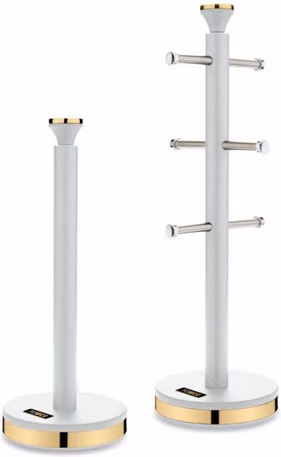 Cavaletto Tower Towel Pole and Mug Tree Set in White and Gold with Weighted Base
