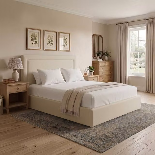 Desire Deco Janessa Ottoman Storage Bed Frame in Beige Plush Velvet, King Size (180 x 200 cm)