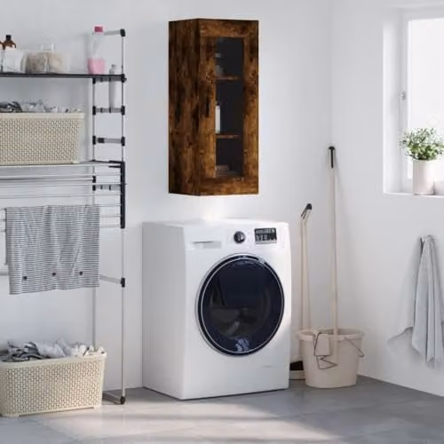 vidaXL Wall Mounted Cabinet with Glass Doors, Smoked Oak, W/D/H: 34 x 34 x 90 cm – 2