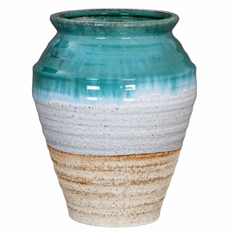 Wyld Haus Rustic Round Ceramic Tabletop Vase in Turquoise, Sand and White – 2
