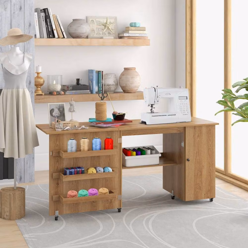 Costway Large Foldable Sewing and Craft Table with Drop Leaf and Lockable Casters in Natural Brown – 3