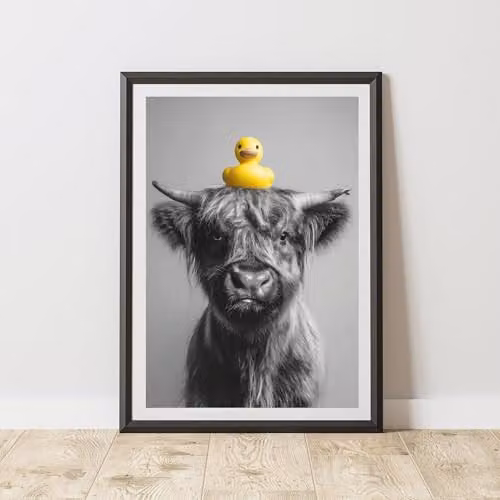 60 Second Makeover Funny Highland Cow Rubber Duck Paper Poster, Black and White, W: 29.7 cm, H: 42.0 cm