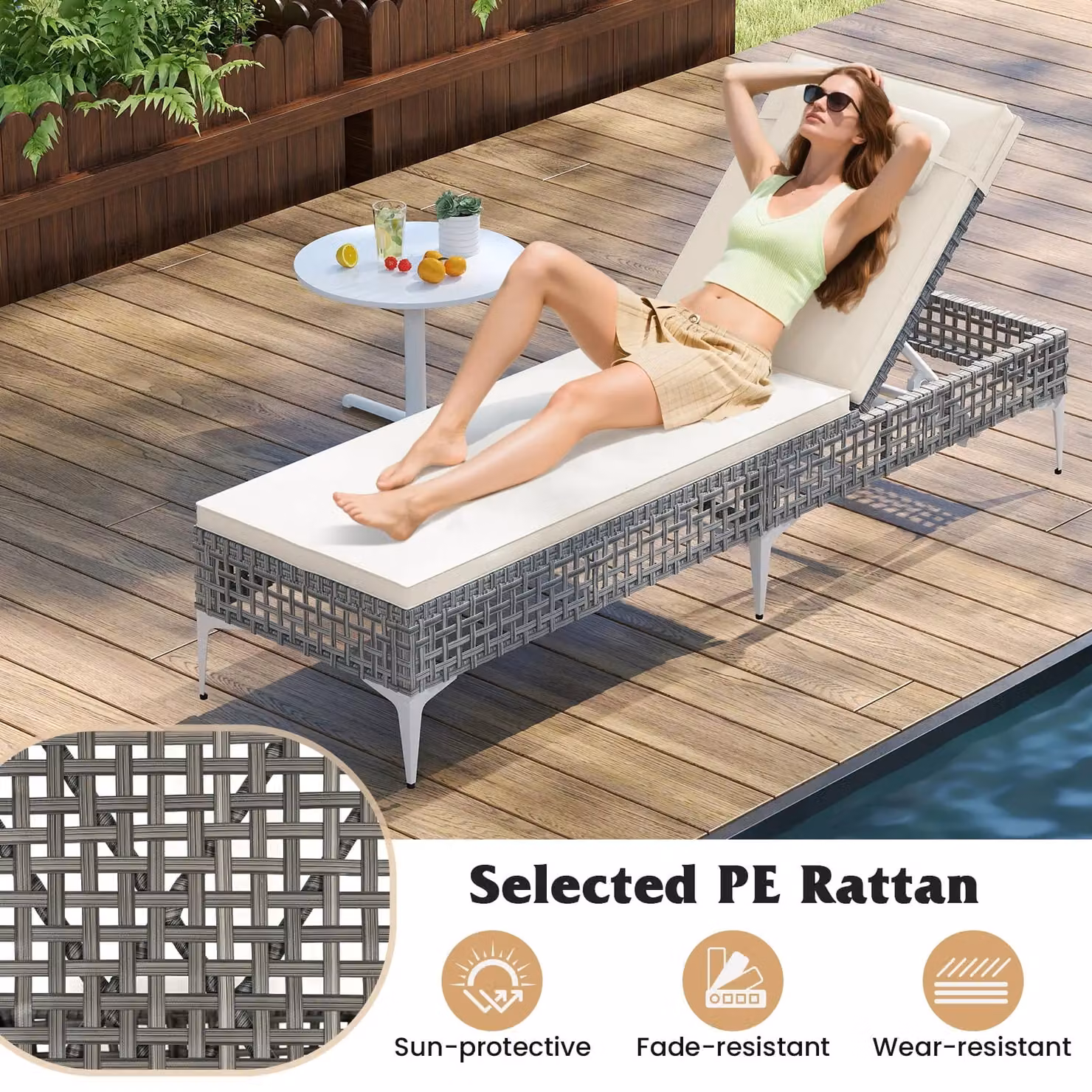 Costway White Polyrattan Sun Lounger with 6-Level Adjustable Headrest and UV-Resistant Fabric – 5