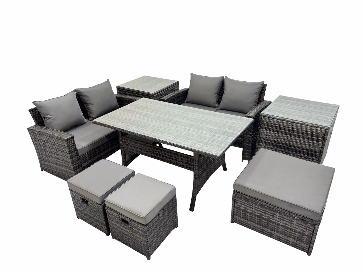 Fimous 7 Seater Outdoor Dining Set with Double Seat Sofa, 2 Side Tables and 3 Stools in Dark Grey – 2